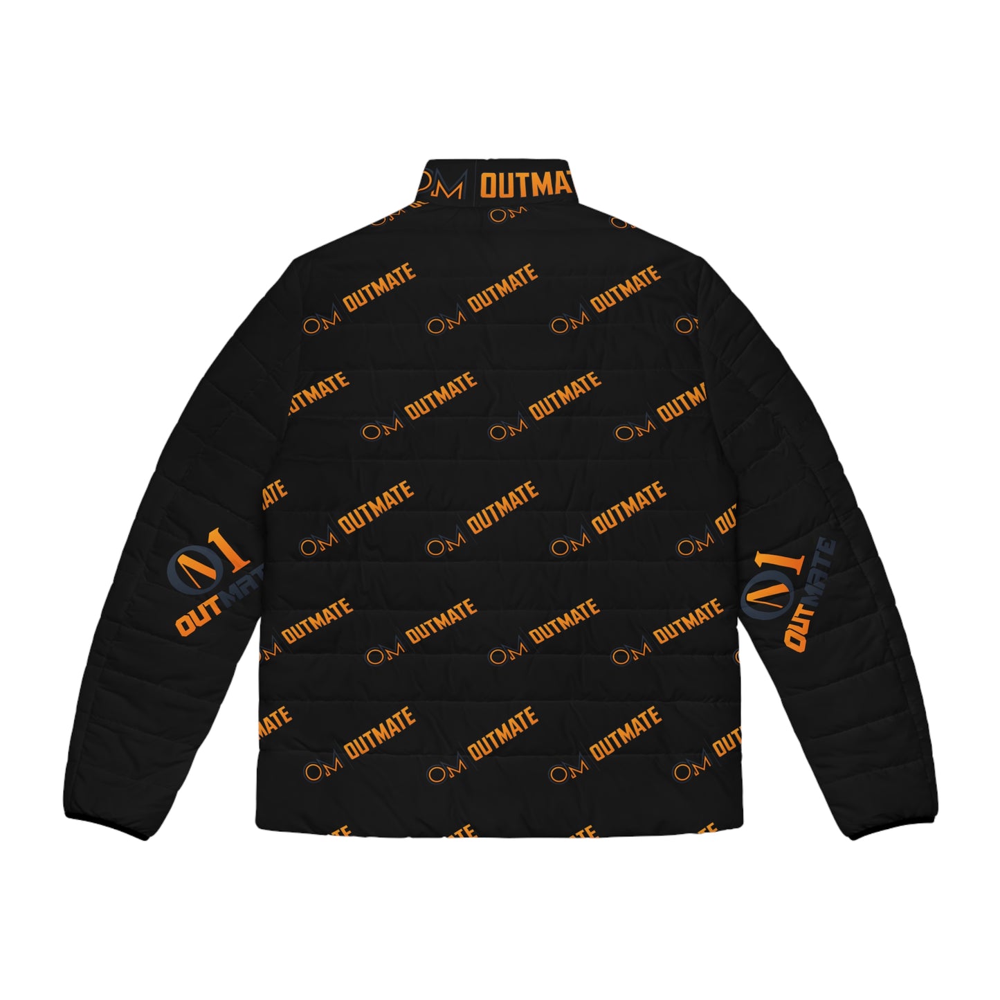 Outmate Branded Puffer Jacket — Black & Orange Logo All-Over Print
