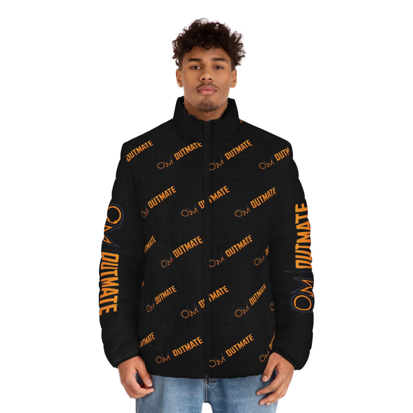 Outmate Branded Puffer Jacket — Black & Orange Logo All-Over Print