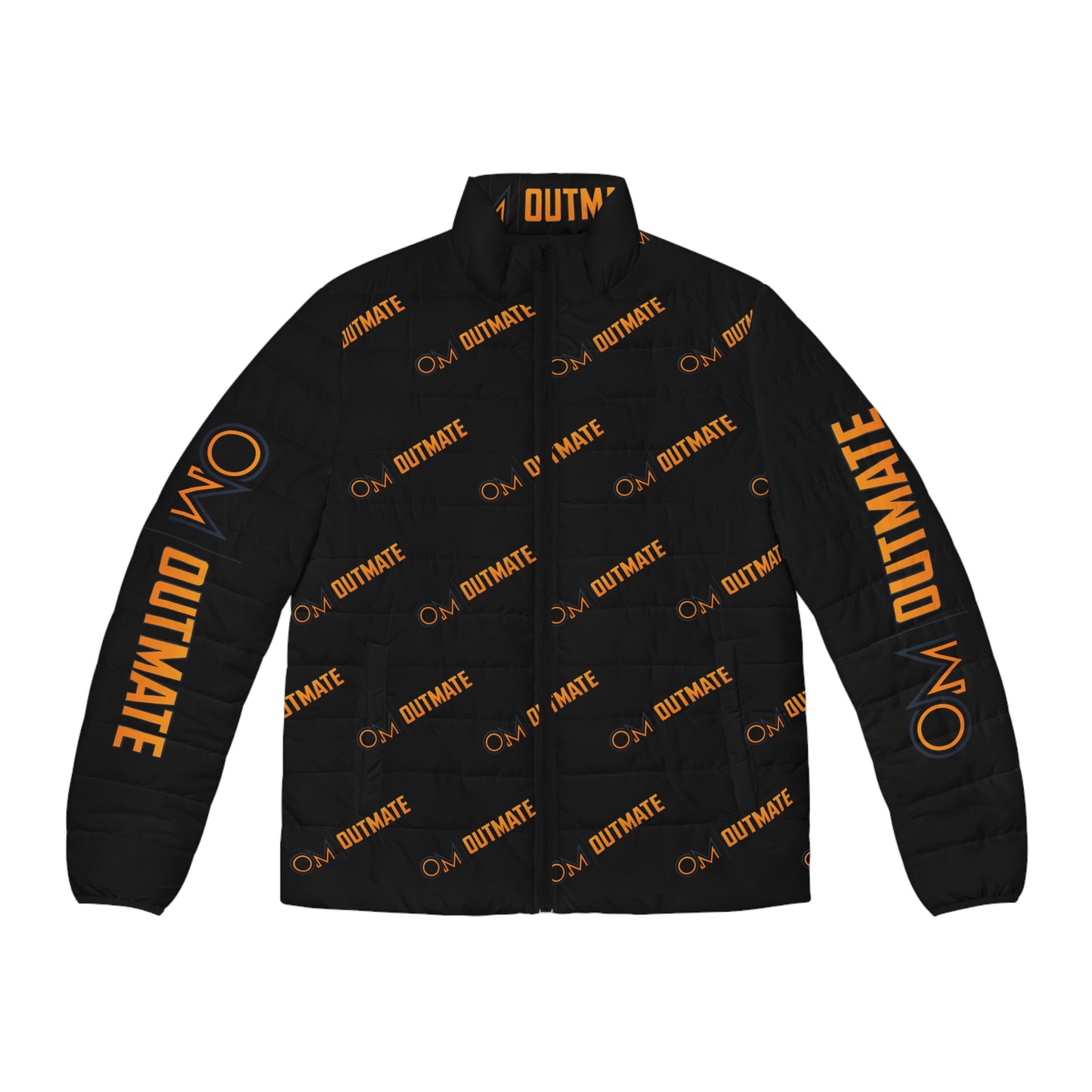 Outmate Branded Puffer Jacket — Black & Orange Logo All-Over Print