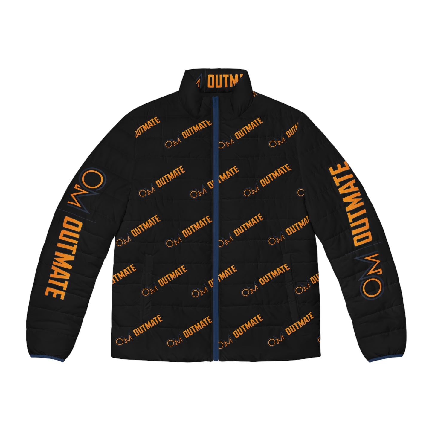 Outmate Branded Puffer Jacket — Black & Orange Logo All-Over Print