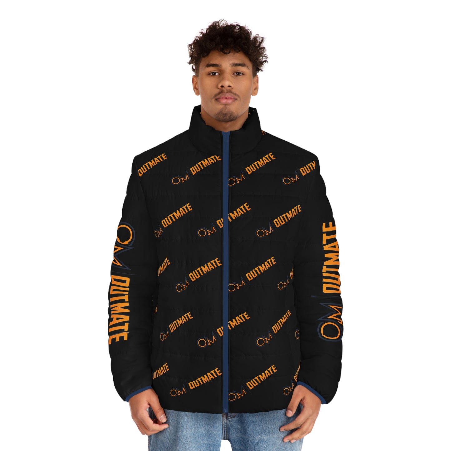 Outmate Branded Puffer Jacket — Black & Orange Logo All-Over Print