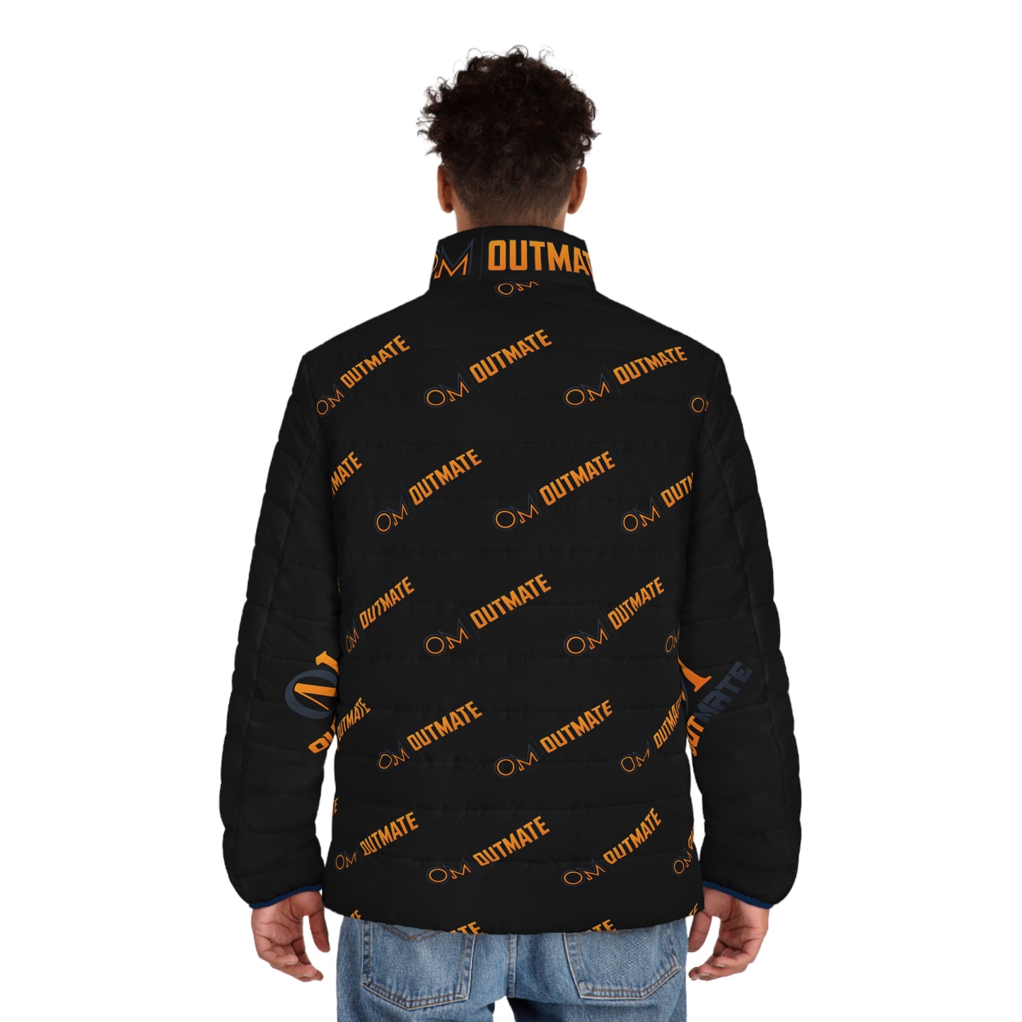 Outmate Branded Puffer Jacket — Black & Orange Logo All-Over Print