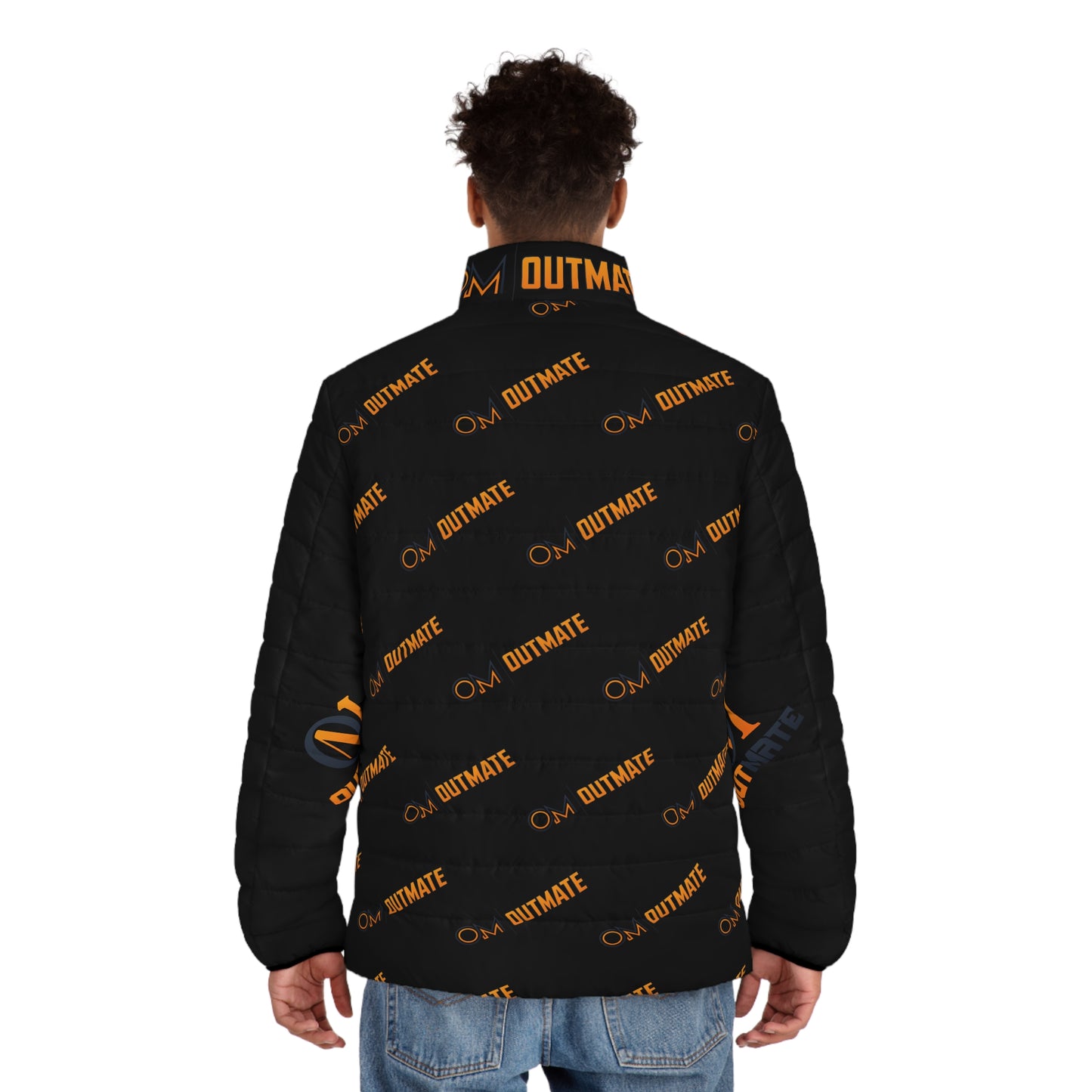 Outmate Branded Puffer Jacket — Black & Orange Logo All-Over Print