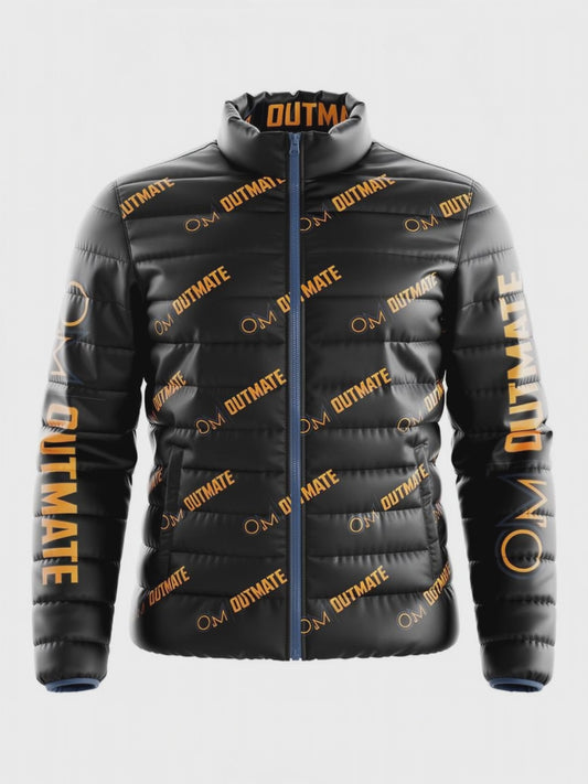 Outmate Branded Puffer Jacket — Black & Orange Logo All-Over Print
